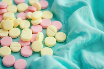 Pale yellow and soft pink tablets casually scattered on a wavy turquoise fabric.