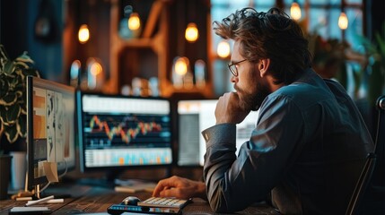 Trader looking at the desktop, using pc computer analyzing financial risks, investment profit forecast. Generative AI. - obrazy, fototapety, plakaty