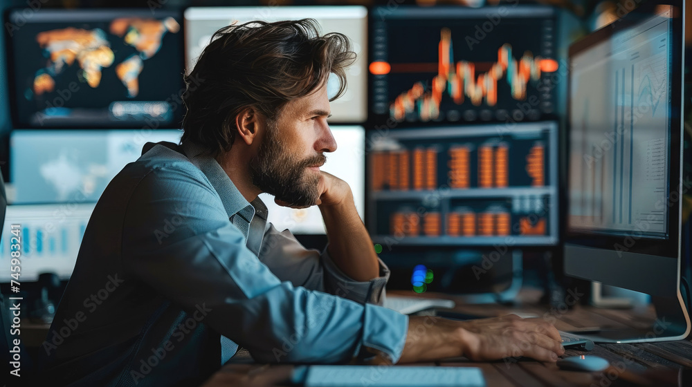 Poster trader looking at the desktop, using pc computer analyzing financial risks, investment profit foreca