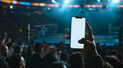Man fan hands holding isolated smartphone device in boxeo fight match crowed stadium game with blank empty white screen, sports betting concept - obrazy, fototapety, plakaty
