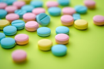 Close-up of pastel tablets in shades of pink, blue, and yellow on a teal background.