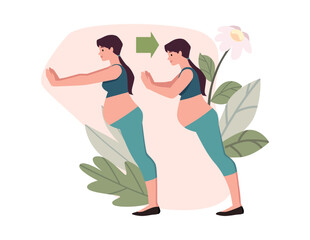 Illustration of a prenatal yoga guide with a character on a flower background.