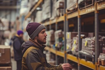 A man in a beanie and jacket focused on checking items on the shelves in an industrial warehouse setting