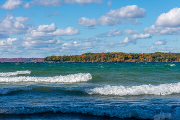 Large waves and whitecaps in Grand Traverse Bay, Michigan.