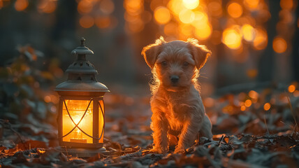Close up of a puppy near the unique lamp in nature giving soft light in the evening, the puppy looking at lamp in the garden