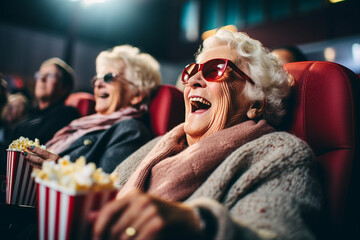 Generative AI image of cheerful elderly couple enjoying comedy watching an interesting movie