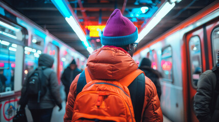 Commuter at Urban Subway Station.
Individual with a backpack waiting for a train at a subway station.
