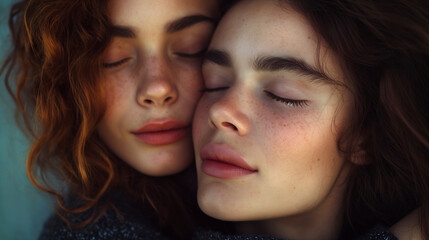 Retrato de dos mujeres abrazadas y con los ojos cerrados - obrazy, fototapety, plakaty