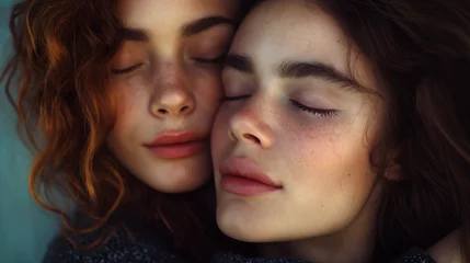 Foto op Plexiglas Retrato de dos mujeres abrazadas y con los ojos cerrados © VicPhoto