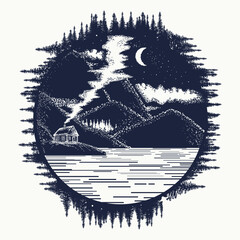 House in the mountains tattoo. Symbol of travel, adventure, rest, relaxation, tranquility. Great outdoors art. T-shirt design concept