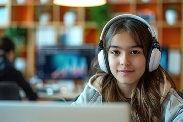 Embracing Digital Education A Latin Young Woman Engages in Virtual Learning, Attending an Online Class via Remote Meeting Amidst a Library Setting