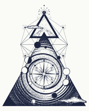 Universe. Black hole and compass tattoo. Esoteric symbol of knowledge, science, education, travel. Sacred geometry. T-shirt design concept