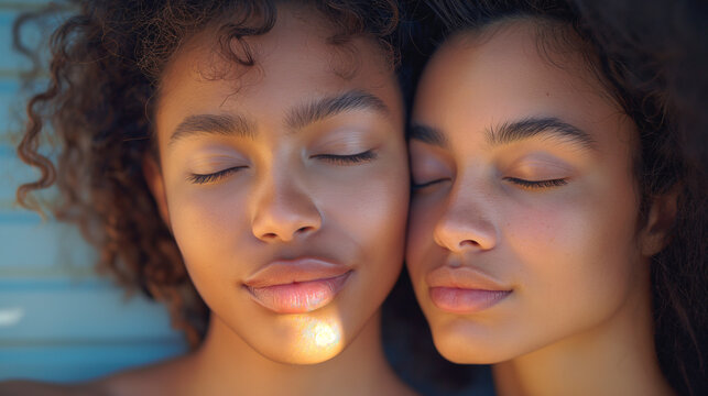 Retrato de dos mujeres abrazadas y con los ojos cerrados