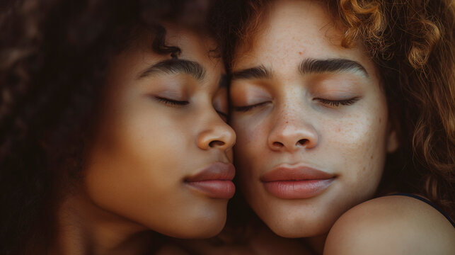 Retrato de dos mujeres abrazadas y con los ojos cerrados
