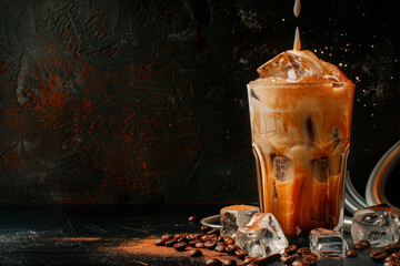 Ice coffee in a tall glass with cream poured over, ice cubes and beans on a dark concrete table. Copy space