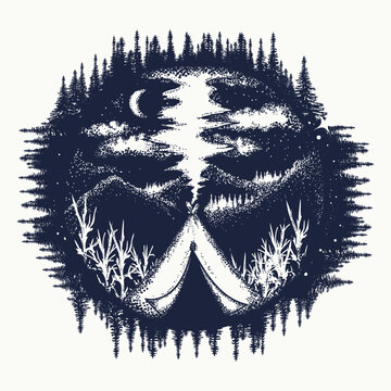 Mountains and camping tent tattoo. Symbol of adventure, tourism, meditation and great outdoors. T-shirt design concept