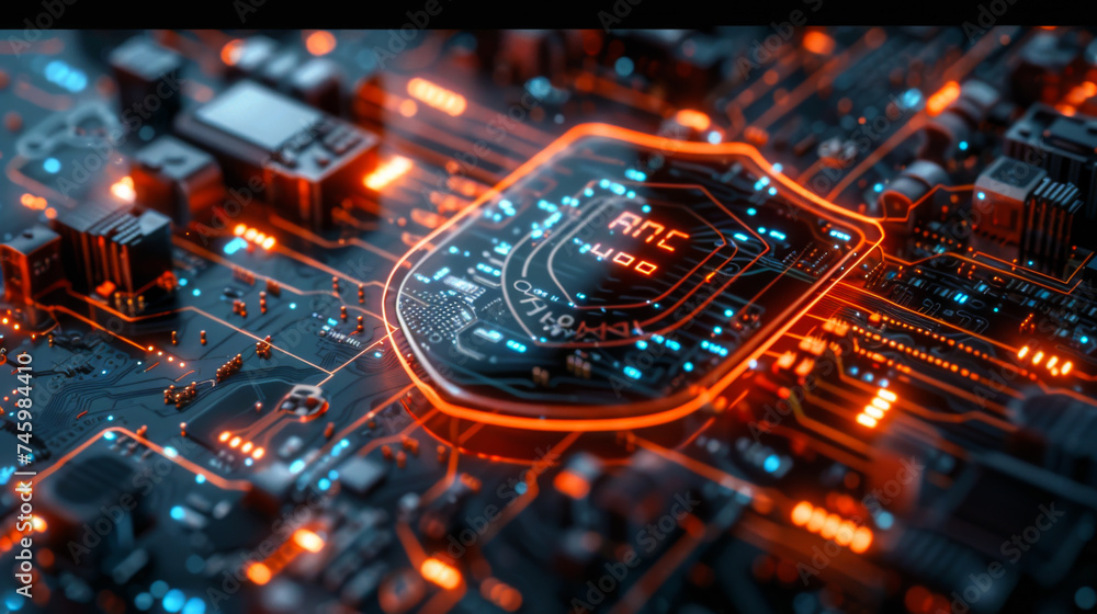 Poster computer network security protection and data security. in a modern chip built-in protection icon sh