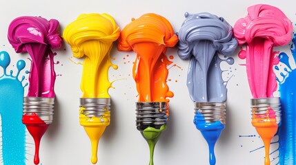 Colourful Paint Bursting from Light Bulbs.
A creative display of colourful paint squeezing out from light bulb bases, against a white background. - obrazy, fototapety, plakaty