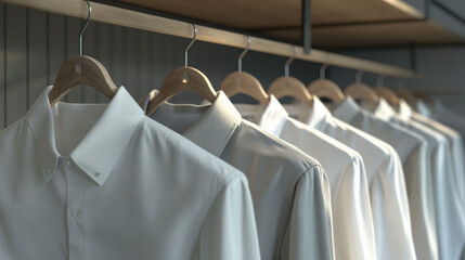 Men white shirts on hangers in a clothes store	