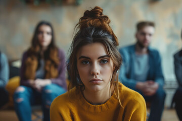 Obraz premium Woman needs help. Group of people are having therapy meeting together