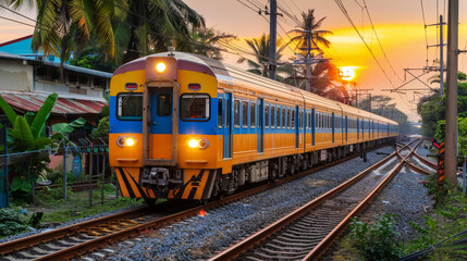 Naklejka premium Tropical Sunset Train Journey. A commuter train travels through a tropical landscape during a stunning sunset.