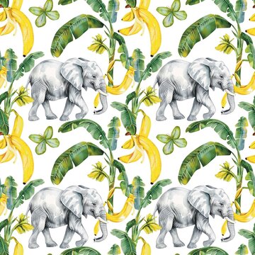 Elephant, banana tree, elephant eating banana, yellow banana leaf, forest, watercolor, fabric pattern, seamless ethnic illustration, design, watercolor, culture, handicrafts, art Fashionable wallpaper