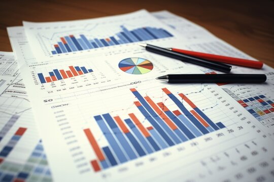 Graphs and charts on paper showing financial planning