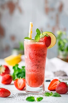 Strawberry daiquiri smoothie slushy with garnish in tall glass