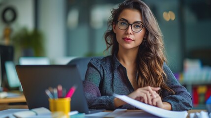 Young business woman in eyeglasses examine documents in the office room