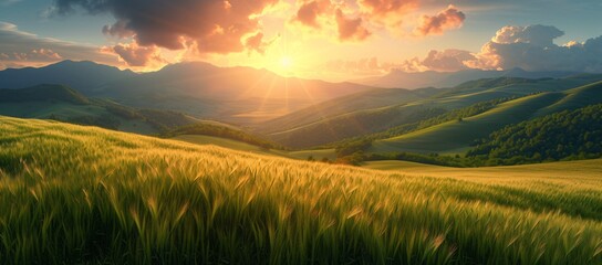 The golden rays of sunrise illuminate a lush wheat field surrounded by mountains - obrazy, fototapety, plakaty