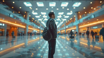 A young man is traveling on a business trip in the airport. Generative AI.