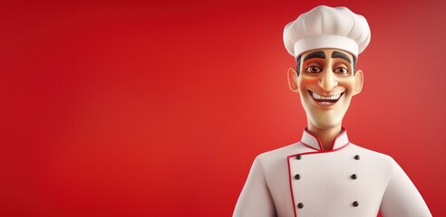 Le goût de l'Italie. Un chef pizzaiolo souriant, arrière-plan rouge, image avec espace pour texte. - obrazy, fototapety, plakaty