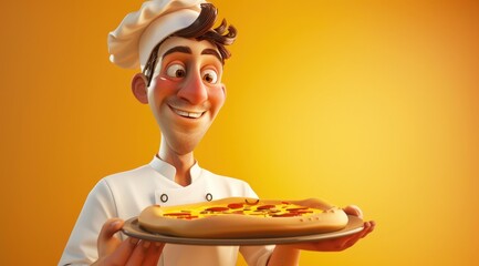 Le goût de l'Italie. Un chef pizzaiolo souriant, présentant une délicieuse pizza, arrière-plan orange, image avec espace pour texte. - obrazy, fototapety, plakaty