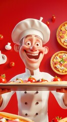 Le goût de l'Italie. Un chef pizzaiolo souriant, présentant une délicieuse pizza, arrière-plan rouge. - obrazy, fototapety, plakaty
