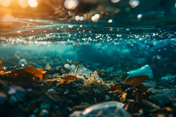 Plastic pollution in the ocean, garbage floating under water illuminated with sunlight.