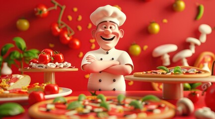 Le goût de l'Italie. Un chef pizzaiolo souriant, présentant une délicieuse pizza, entourée d'ingrédients frais. - obrazy, fototapety, plakaty