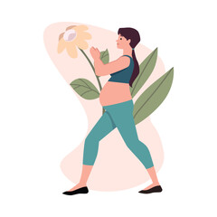 Fototapeta na wymiar Pregnant woman stretching, floral backdrop vector illustration