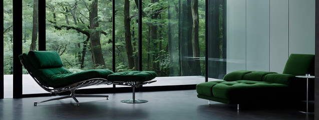 Room interior with a forest green chaise lounge on a sleek glass wall. 
