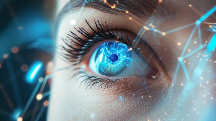 woman eye Biometric Authentication close up shot digital security technology .