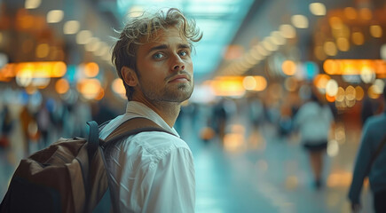 Obraz premium A young man is traveling on a business trip in the airport. Generative AI.