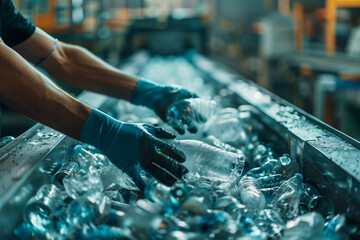 The hands of the employee in gloves are close-up. On the conveyor for recycling and sorting garbage from plastic bottles, glasses of different sizes, garbage sorting and recycling concept - obrazy, fototapety, plakaty
