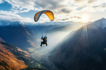 Excited positive happy parachutist in free fall over blue sky. ai generative picture collage
