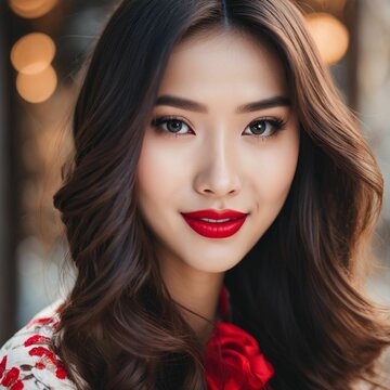 generative ai close-up photo of a beautiful elegant woman with red lips and long flowing hair