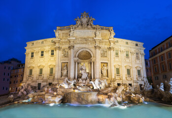 Panorama of the Trevi Fountain in Rome, Italy, during the blue hour