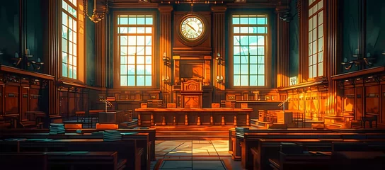 Fotobehang Imposing grand courtroom detailed with classic architectural elements bathed in radiant sunlight © Vladan