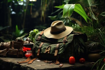 A hat, backpack, and assorted items neatly arranged on a table