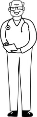 Character smiling doctor man different age and ethnicity. aged, diverse. Vector outline illustration, linear, thin line, hand drawn sketch, doodle 