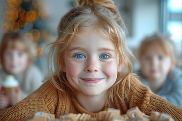 Smiling young girl playing with wooden alphabet blocks in a cozy setting, exuding joy and innocence