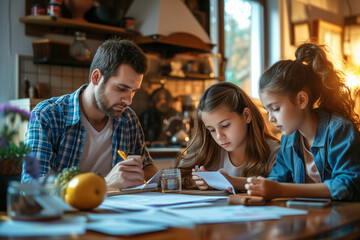 father and daughters doing homework together, around the kitchen table - obrazy, fototapety, plakaty