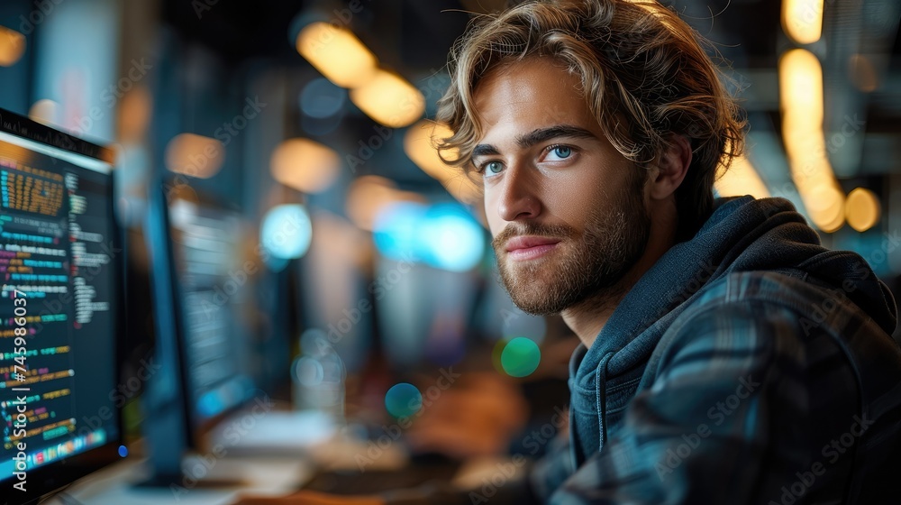 Fototapete Focused programmers coding on computers in a modern tech office. Generative AI.